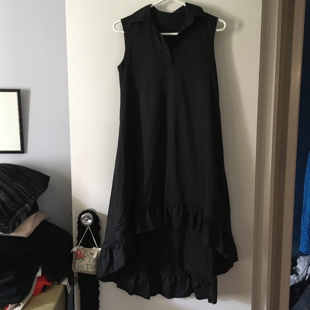 GRETA CONSTANTINE Black Cotton Poplin Ruffle Hem Sleeveless Dress S